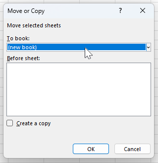 Selecting "(new book)" from the "To book:" dropdown list