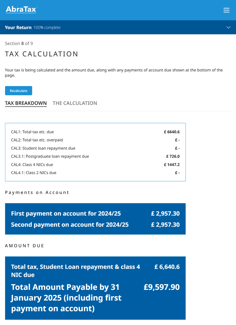 Screenshot of AbraTax "Tax Breakdown" page, summarising tax due