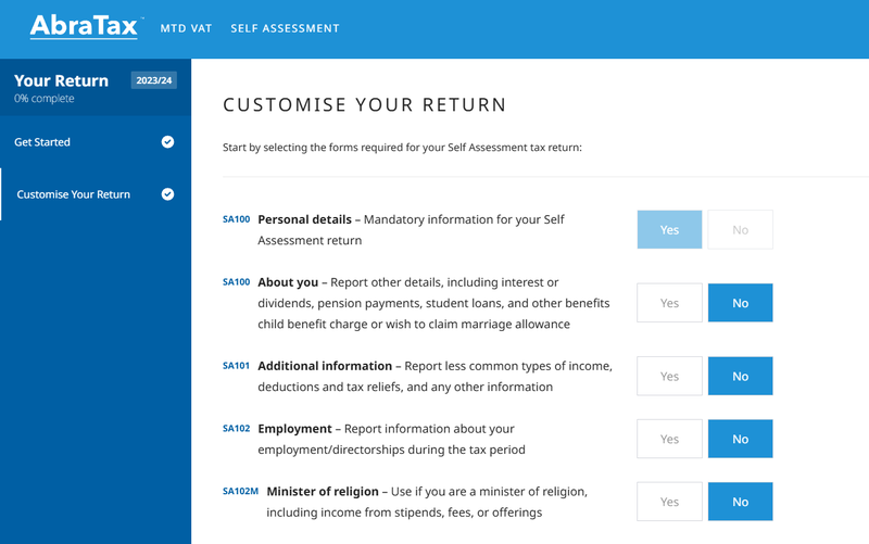 Screenshot of "customise your return" page