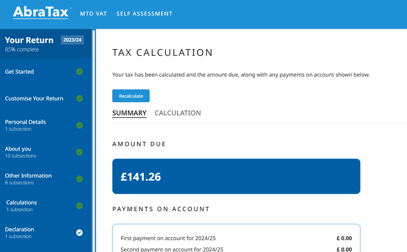 Screenshot of AbraTax tax calculation page