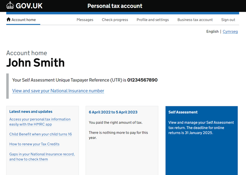 Screenshot of HMRC (gov.uk) dashboard with Self Assessment tile highlighted