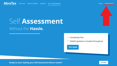 Arrow pointing to "DASHBOARD" on AbraTax's Self Assessment homepage