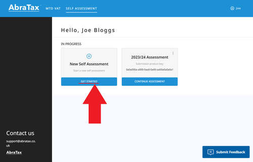 Arrow highlighting "GET STARTED" with a new Self Assessment from AbraTax dashboard