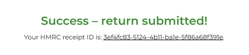 Notification stating "Success – return submitted!" alongside HMRC receipt ID