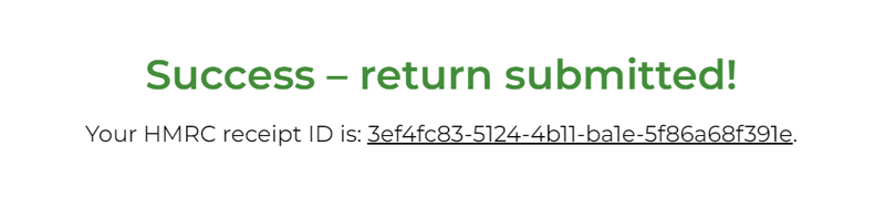 Successful VAT Return message (with example HMRC receipt ID)