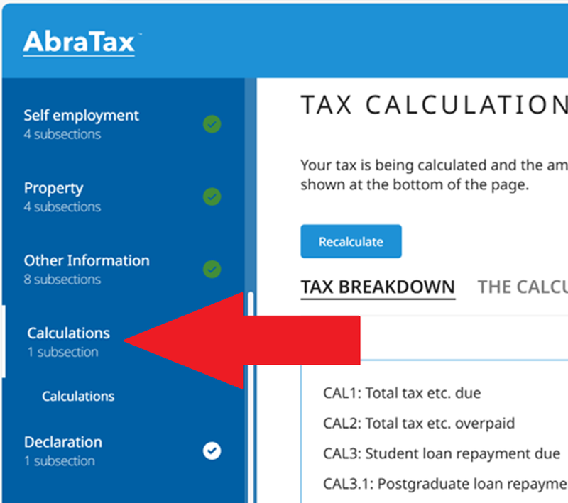 Screenshot of AbraTax Self Assessment tabs with "Calculations" highlighted