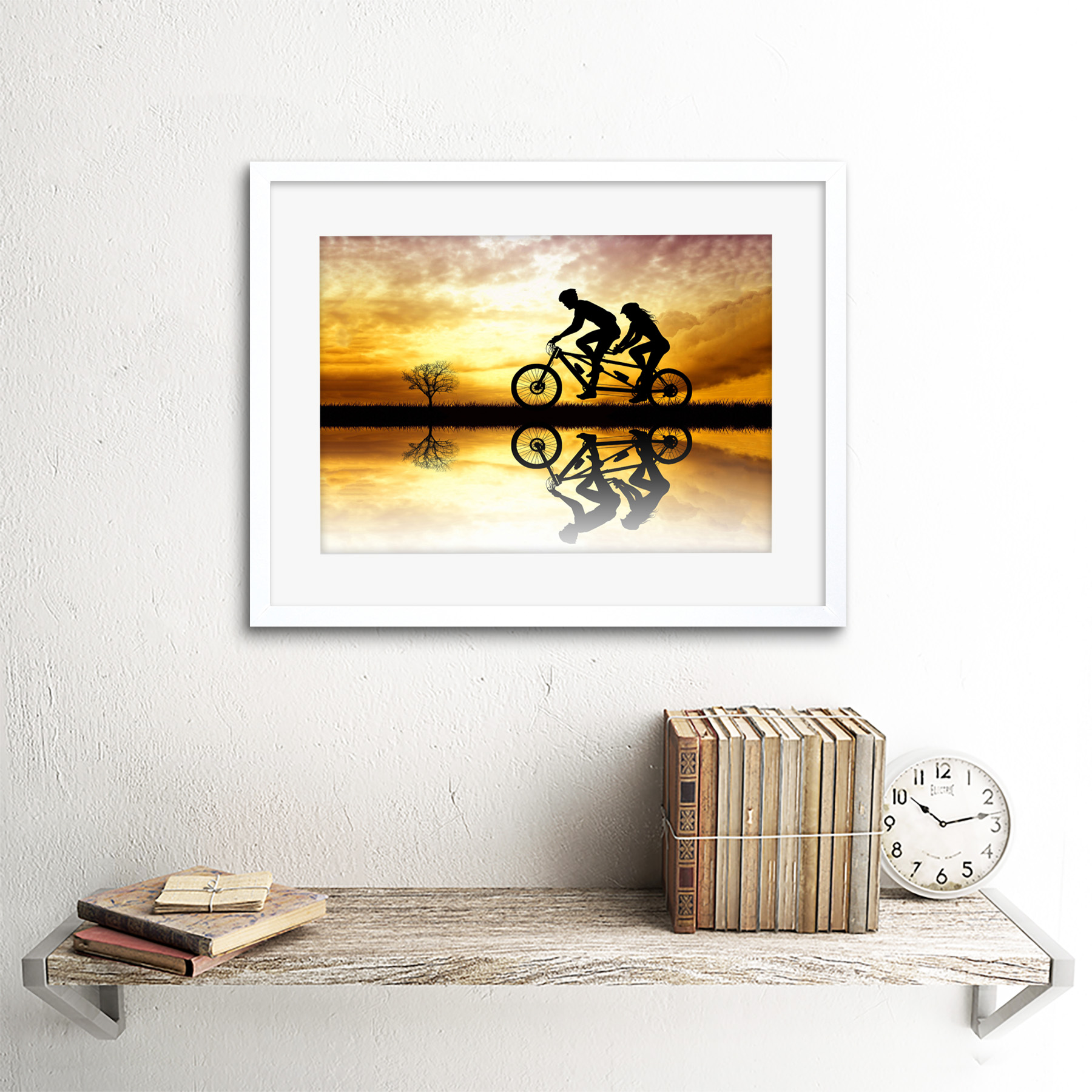 Photo Mock Up Silhouette Sunset Tandem Bicycle Framed Wall Art Print