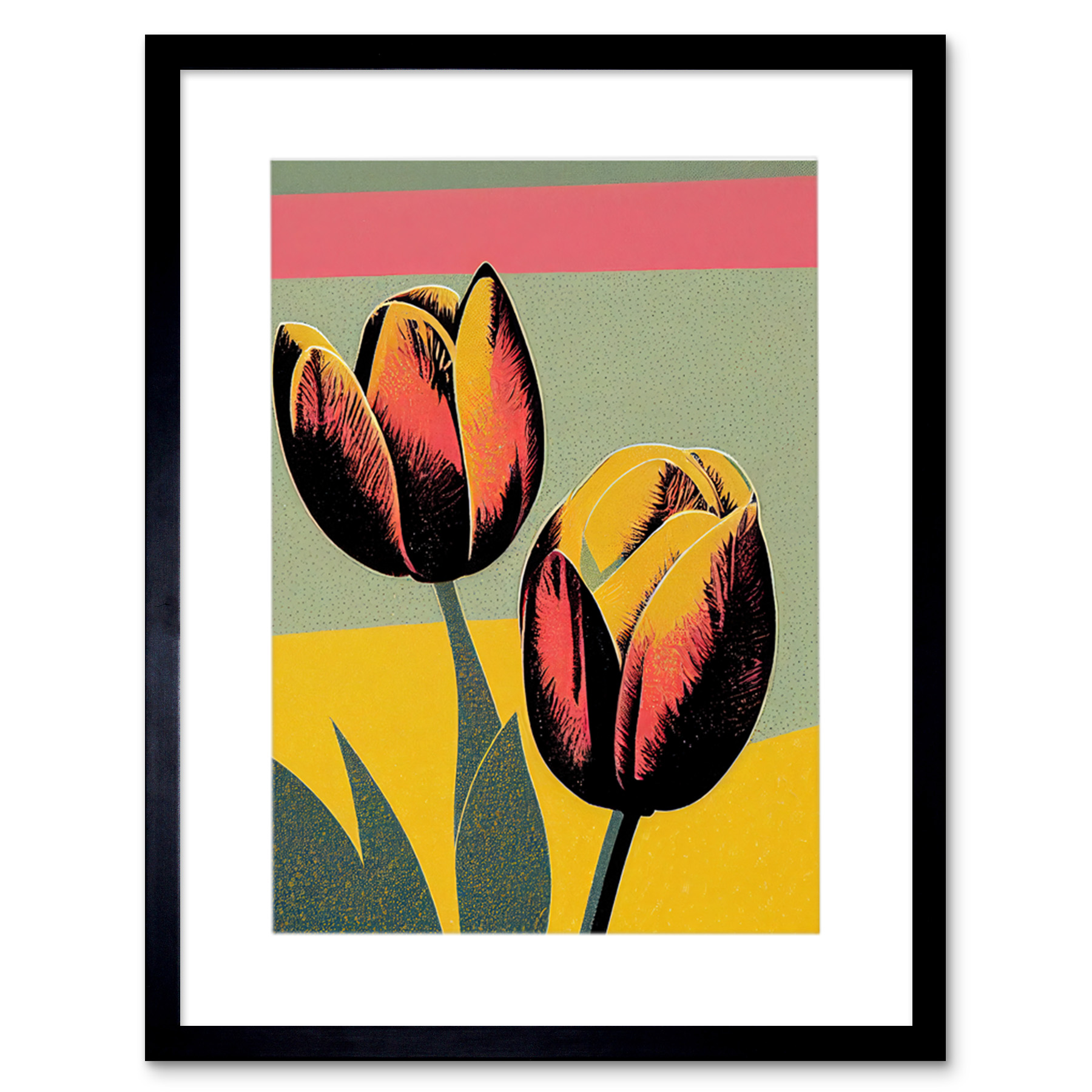 Bright Silkscreen Tulip Blooms Stencil Framed Wall Art Print