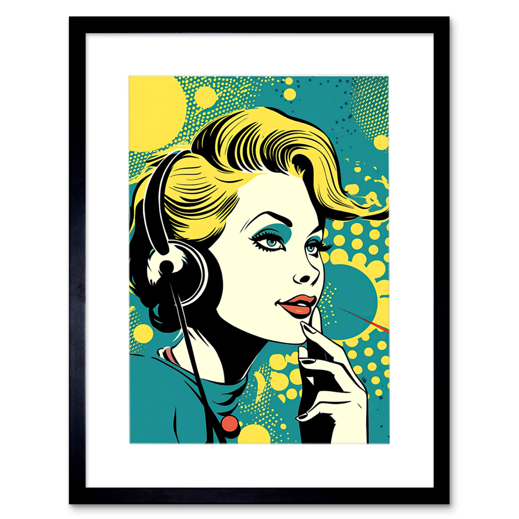 Retro 1950's Woman Telephone Headset Comic Book Style Framed Art