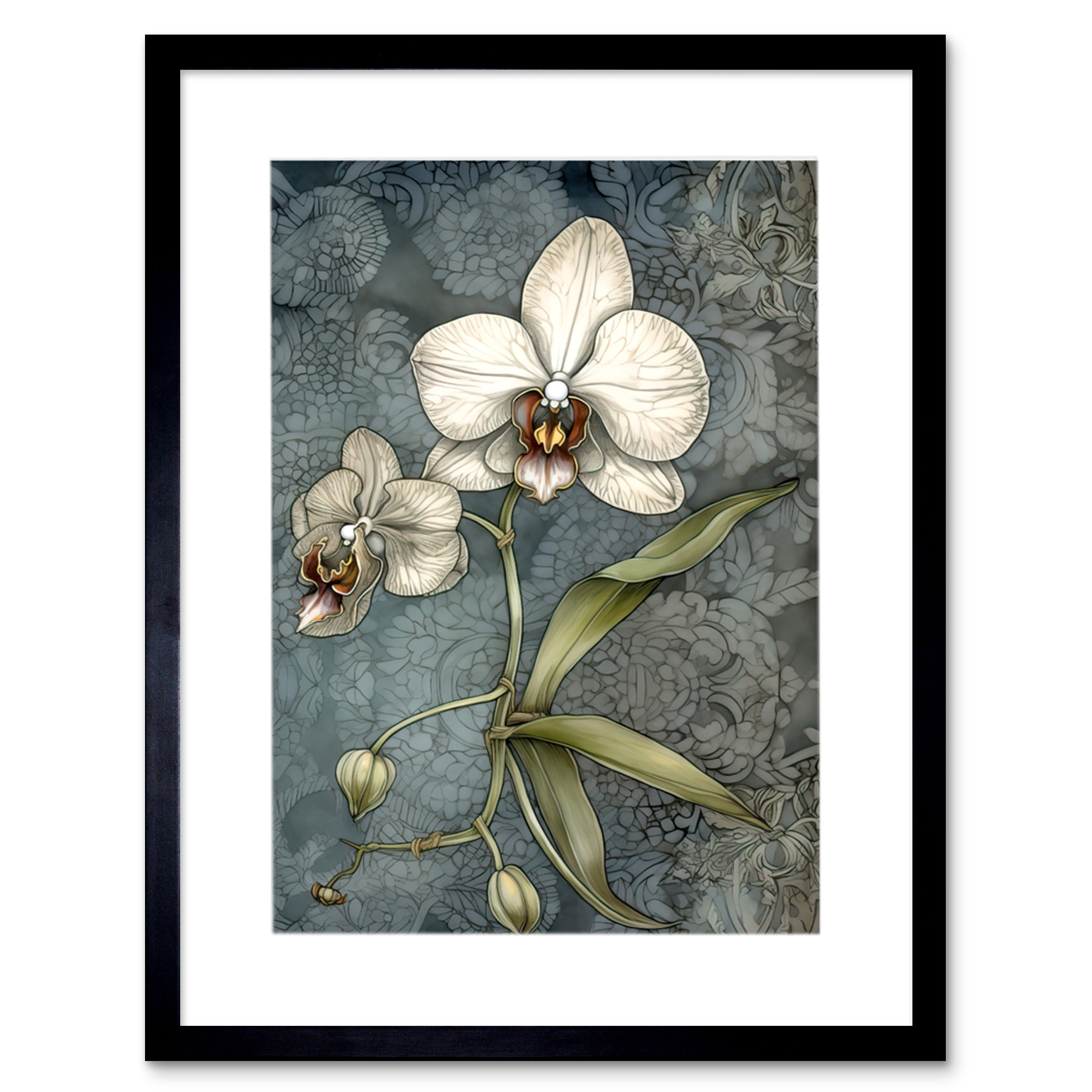 Orchid Flower Blooms Pastel Colour Art Nouveau Framed Art Print