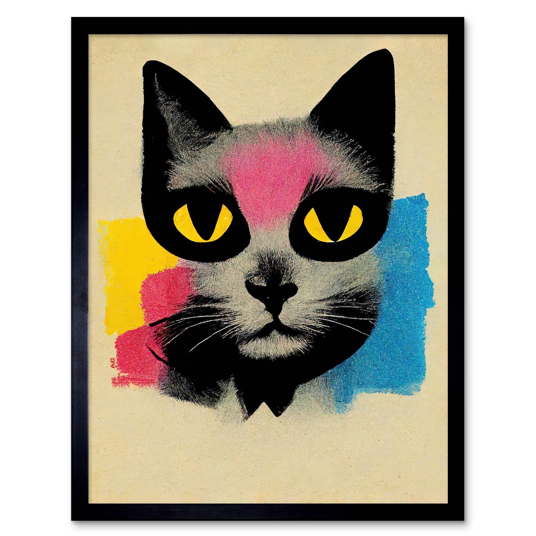 Pop Art Cat Bright Pink Yellow Blue Painted Framed Wall Art Picture Print 12x16