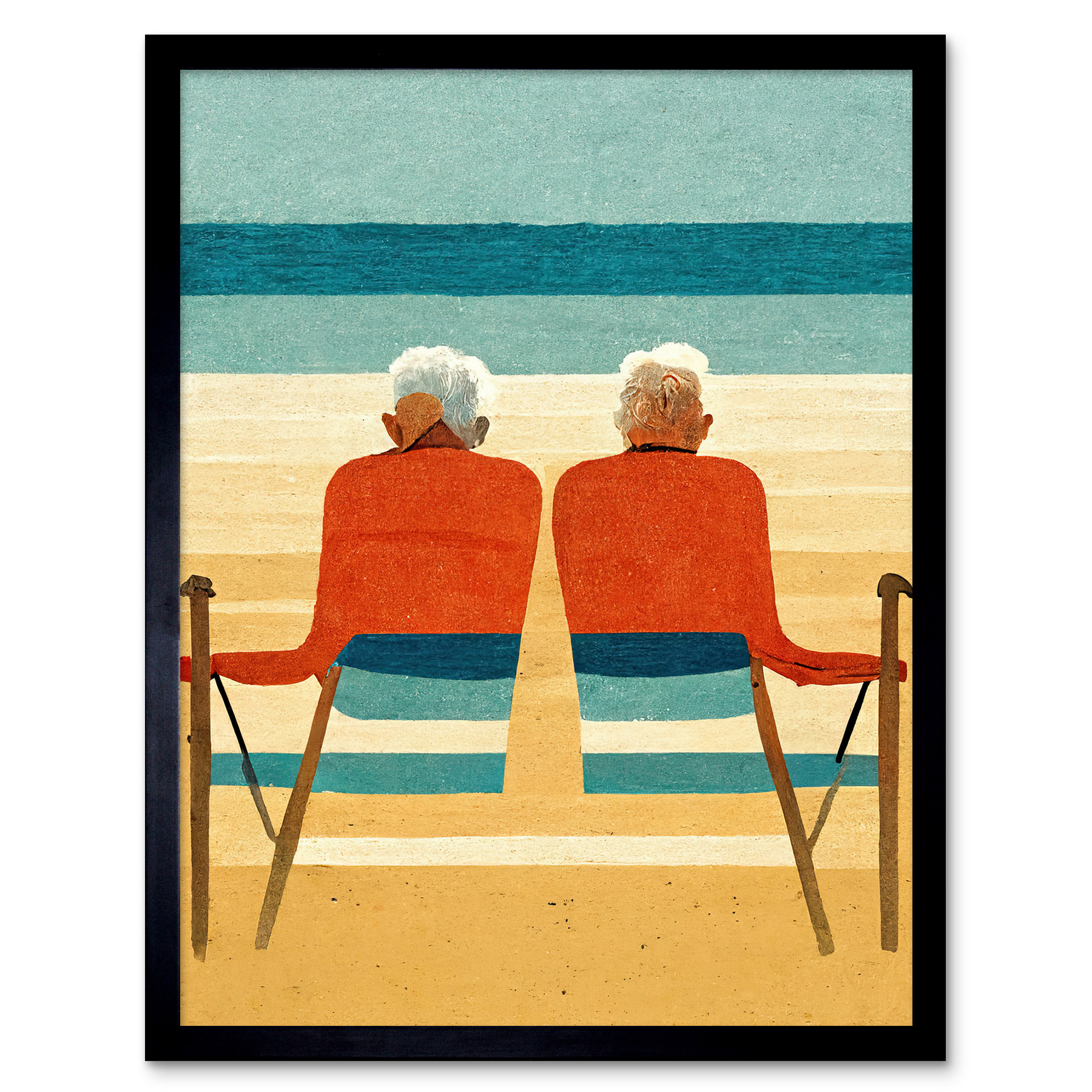 Elderly Couple on the Beach Seaside Sand Framed Wall Art Picture Print 12x16