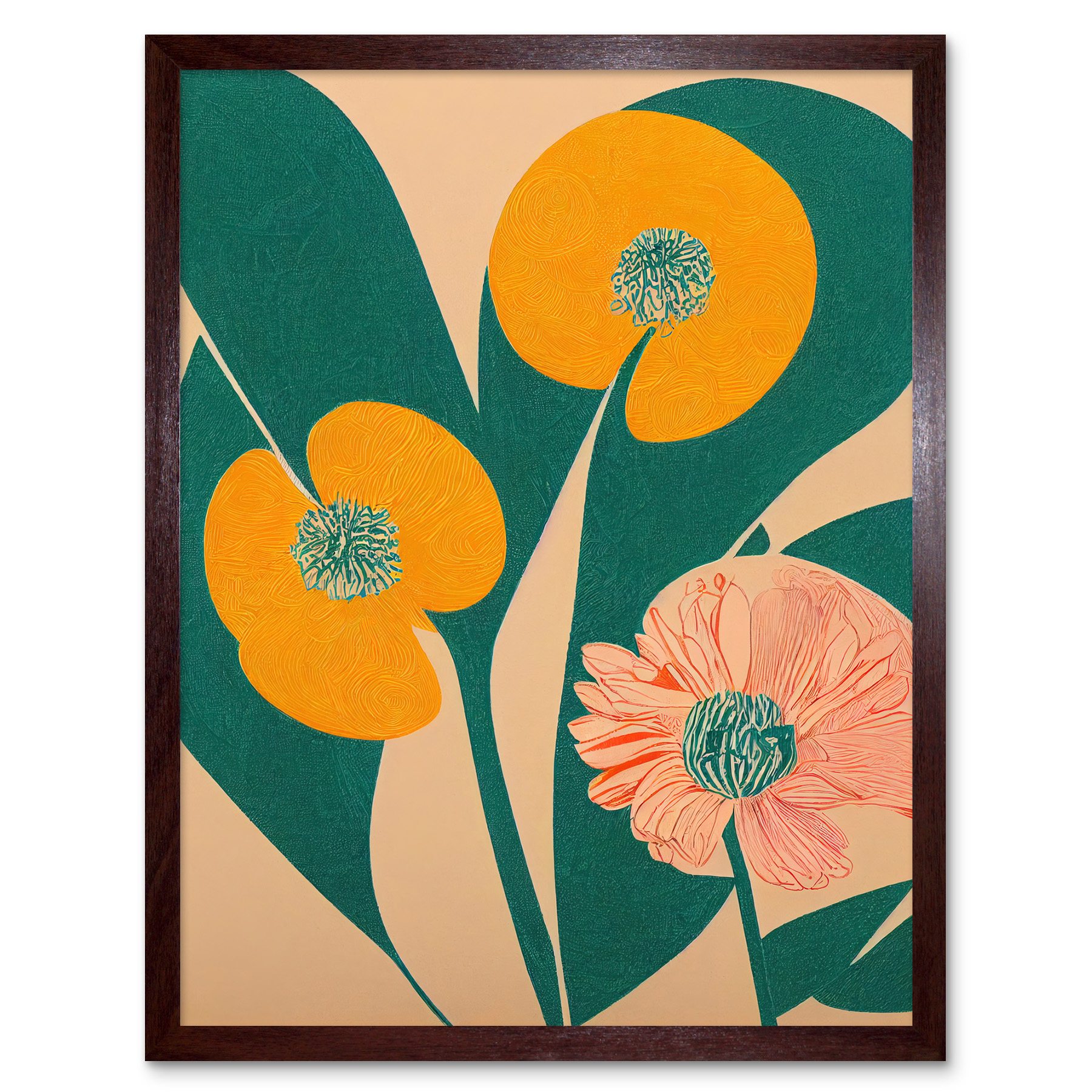 California Poppy Flower Turquoise Leaves Framed Wall Art Picture Print 12x16