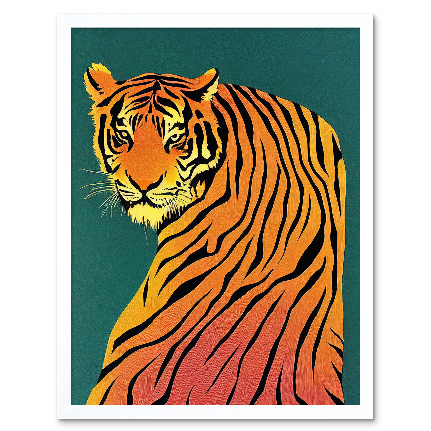 Modern Tiger Portrait on Teal Orange Bold Framed Wall Art Picture