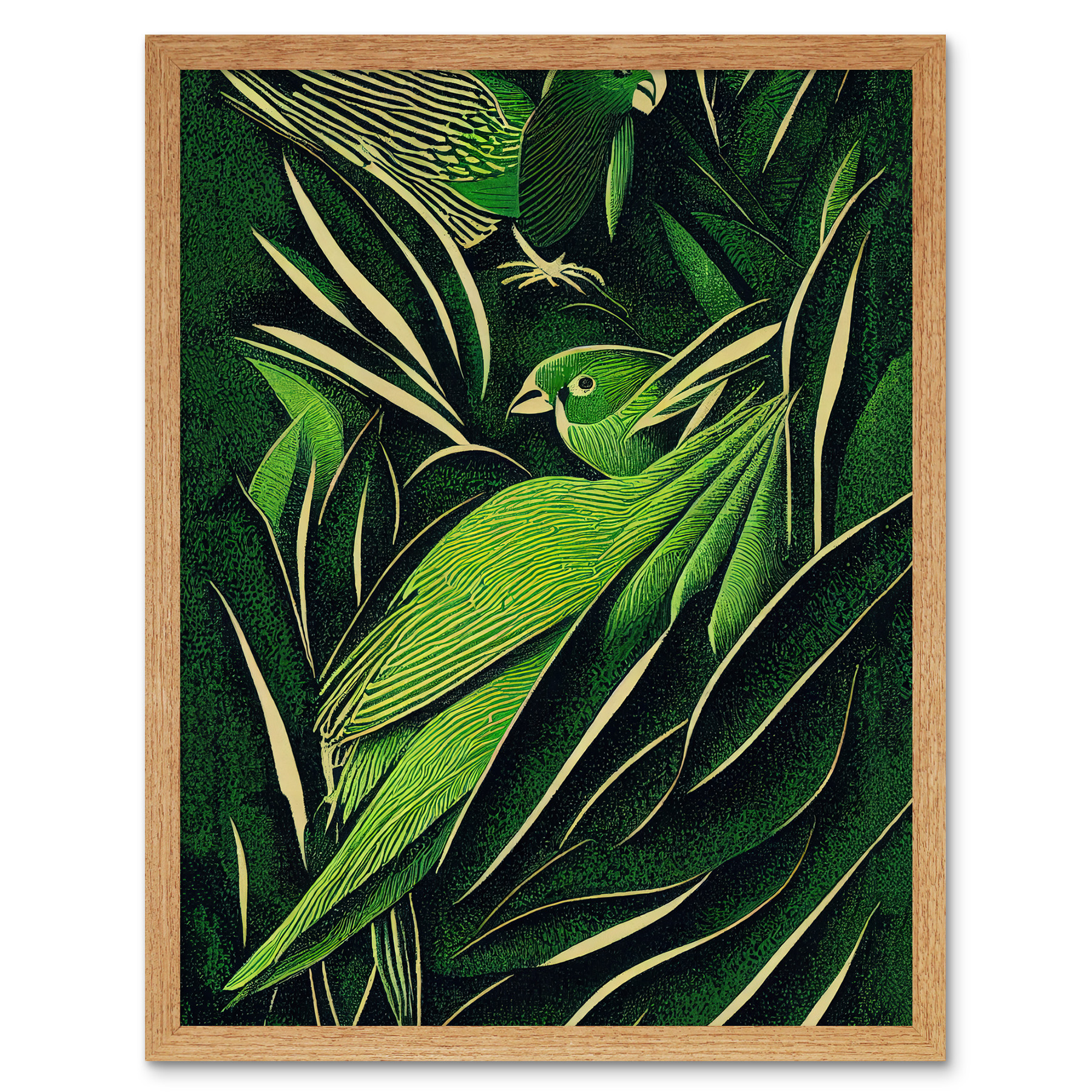 Green Retro Jungle Tropical Leaves Parrots Framed Wall Art Picture Print 12x16