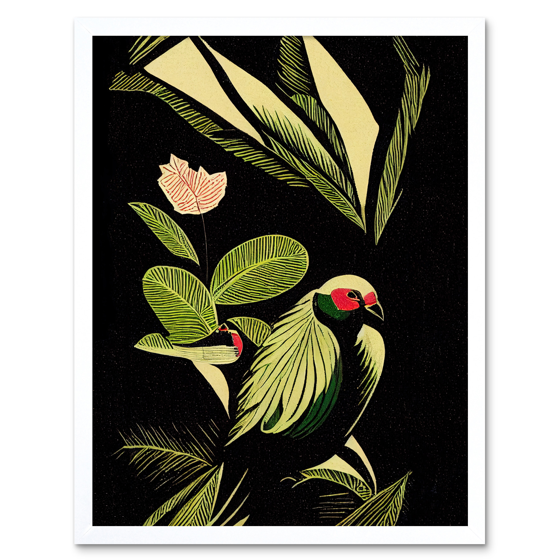 Green Black Tropical Plant Leaves Bird Framed Wall Art Picture Print 12x16