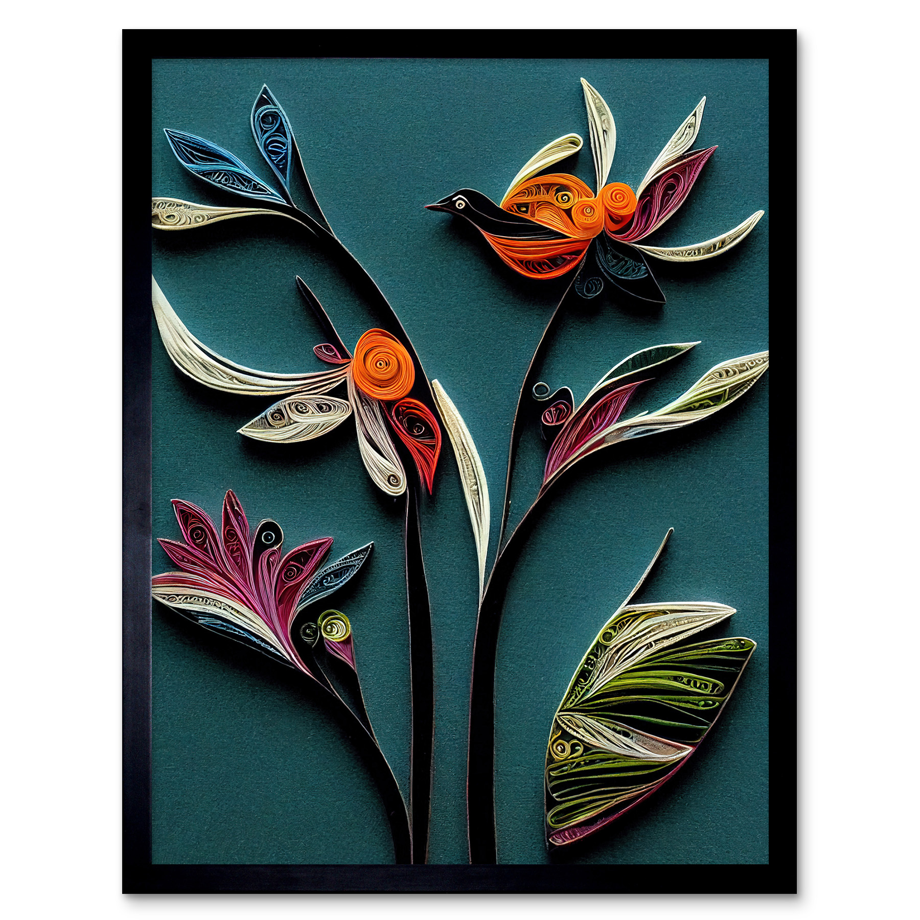 Paper Quilling Bird on Exotic Flower Plant Framed Wall Art Picture Print 12x16