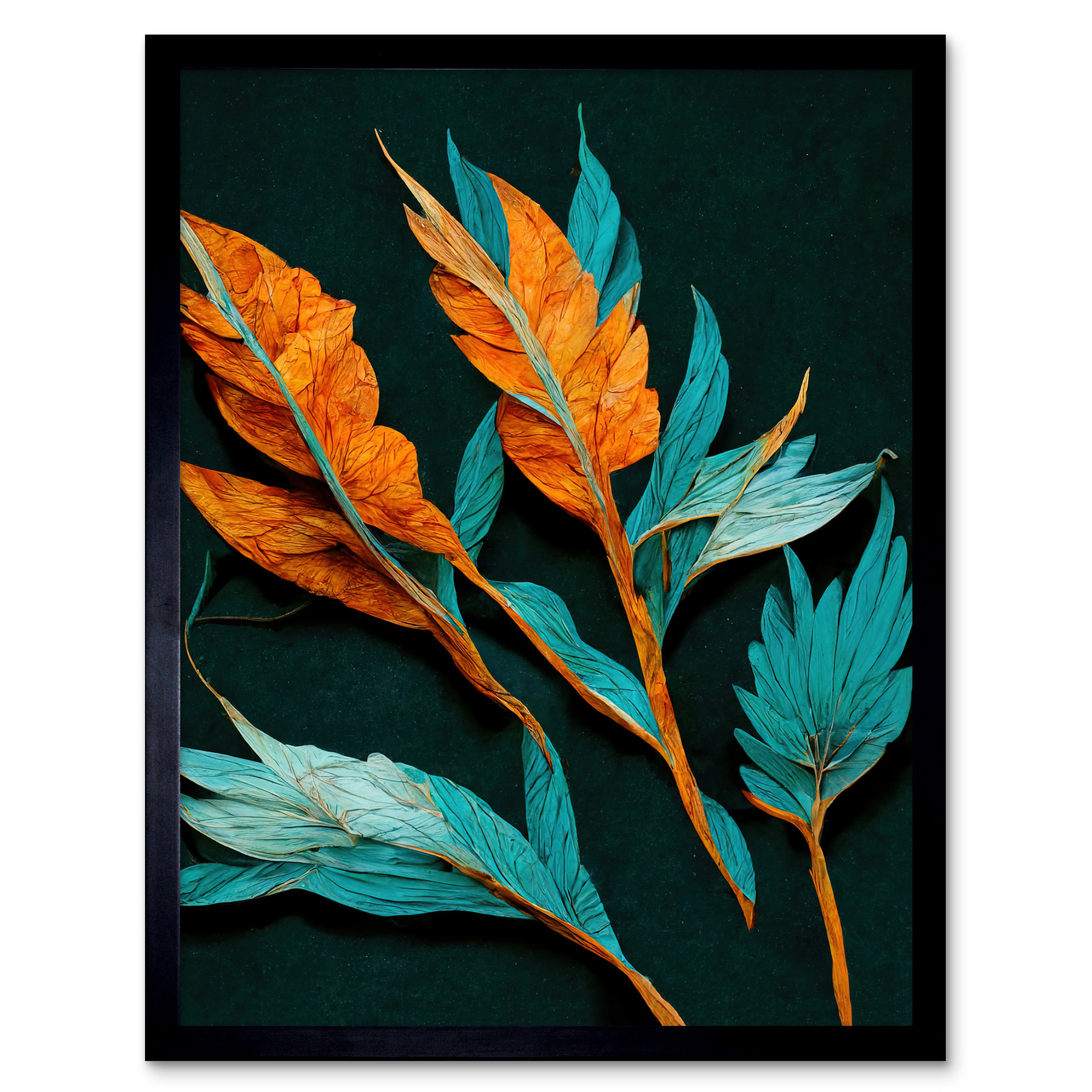 Striking Bright Teal Orange Dried Leaves Framed Wall Art Picture Print 12x16