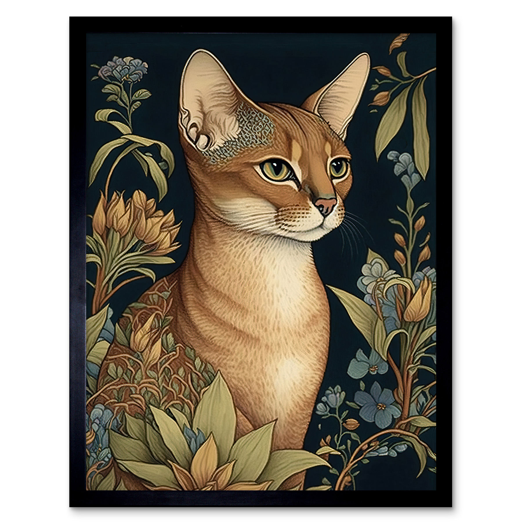 Abyssinian Cat with Flowers Art Nouveau Framed Wall Art Picture Print 12x16