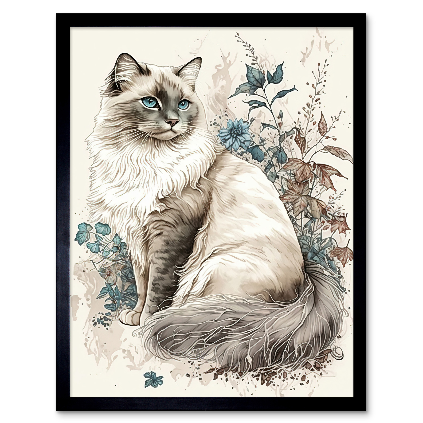 Blue Point Ragdoll Cat with Flowers Framed Wall Art Picture Print 12x16