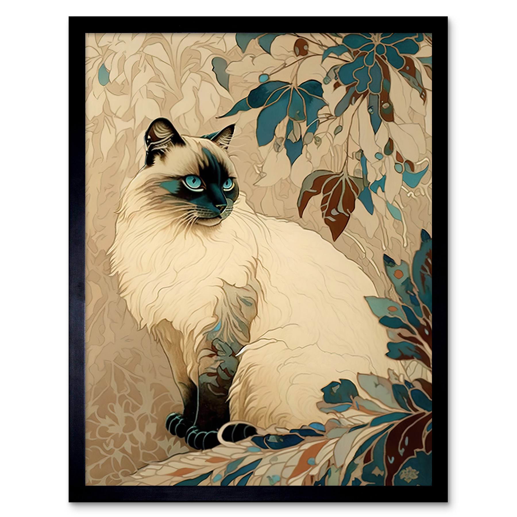 Blue Point Ragdoll Cat Plant Pattern Framed Wall Art Picture Print 12x16