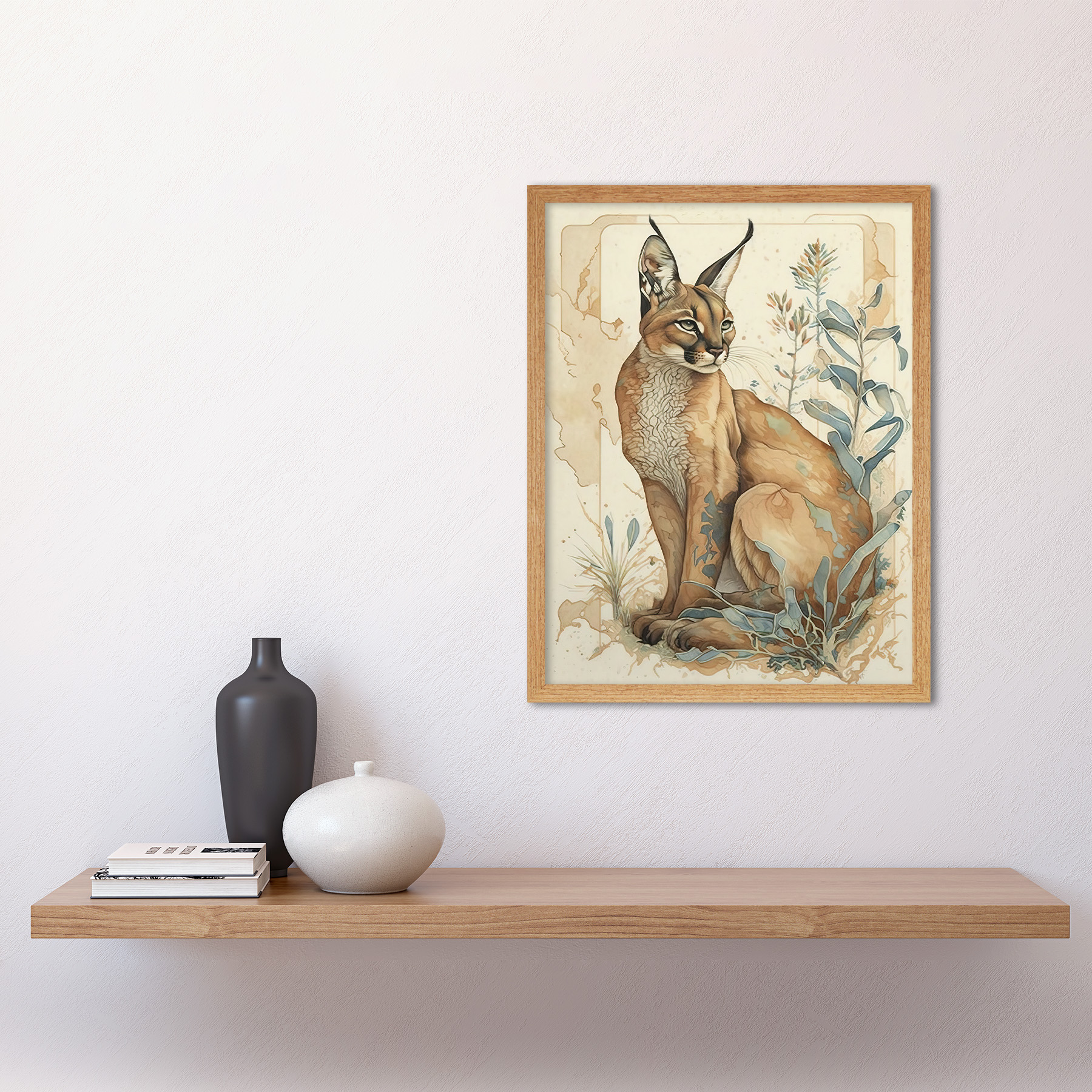 Caracal Cat with Teal Plants Watercolour Framed Wall Art Picture