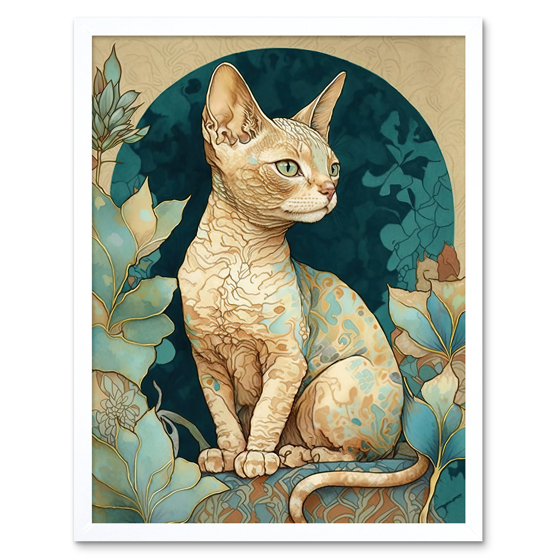 Devon Rex Cat with Pattern Fur Art Nouveau Framed Wall Art Picture Print 12x16