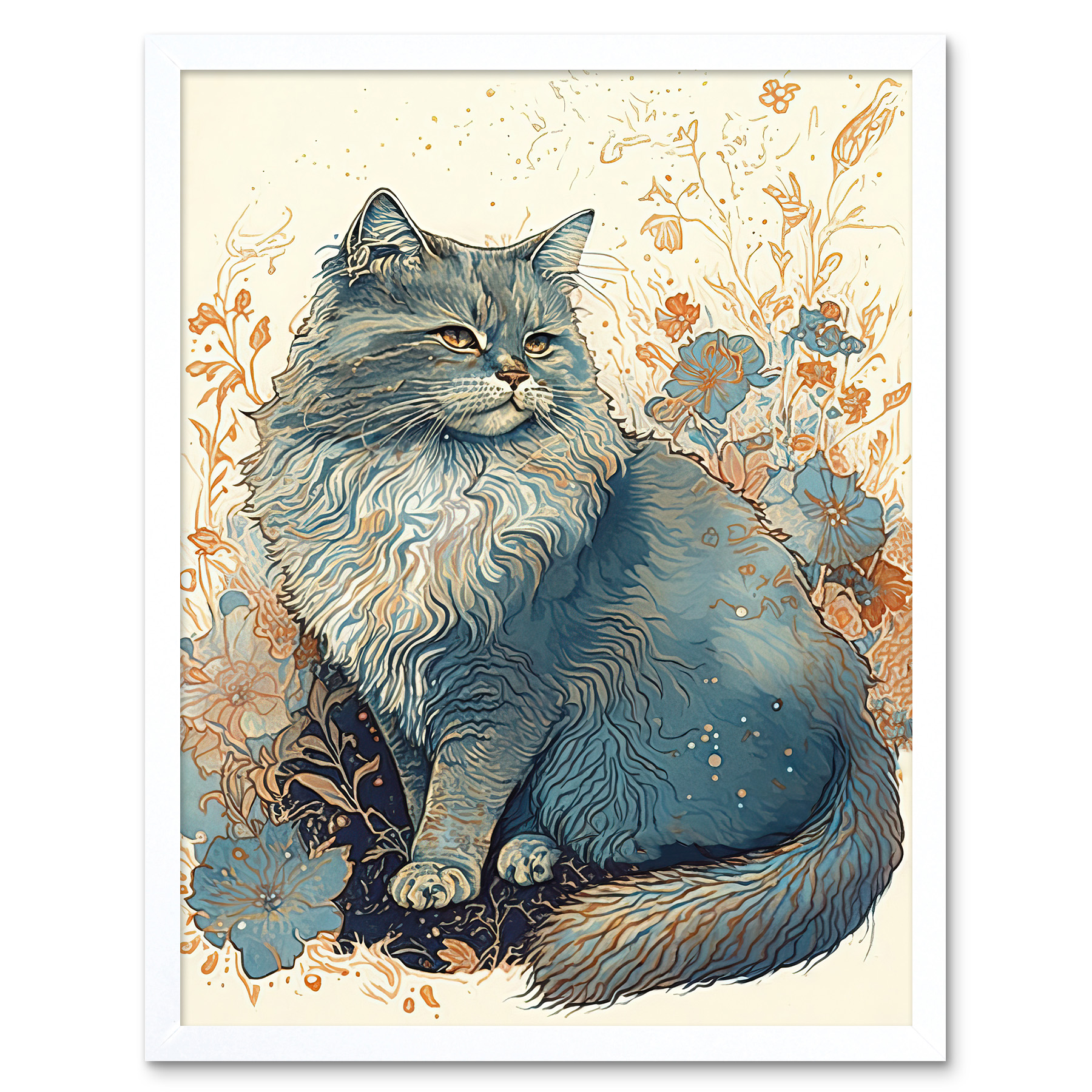 Fluffy Cat in Wildflowers Watercolour Framed Wall Art Picture Print 12x16