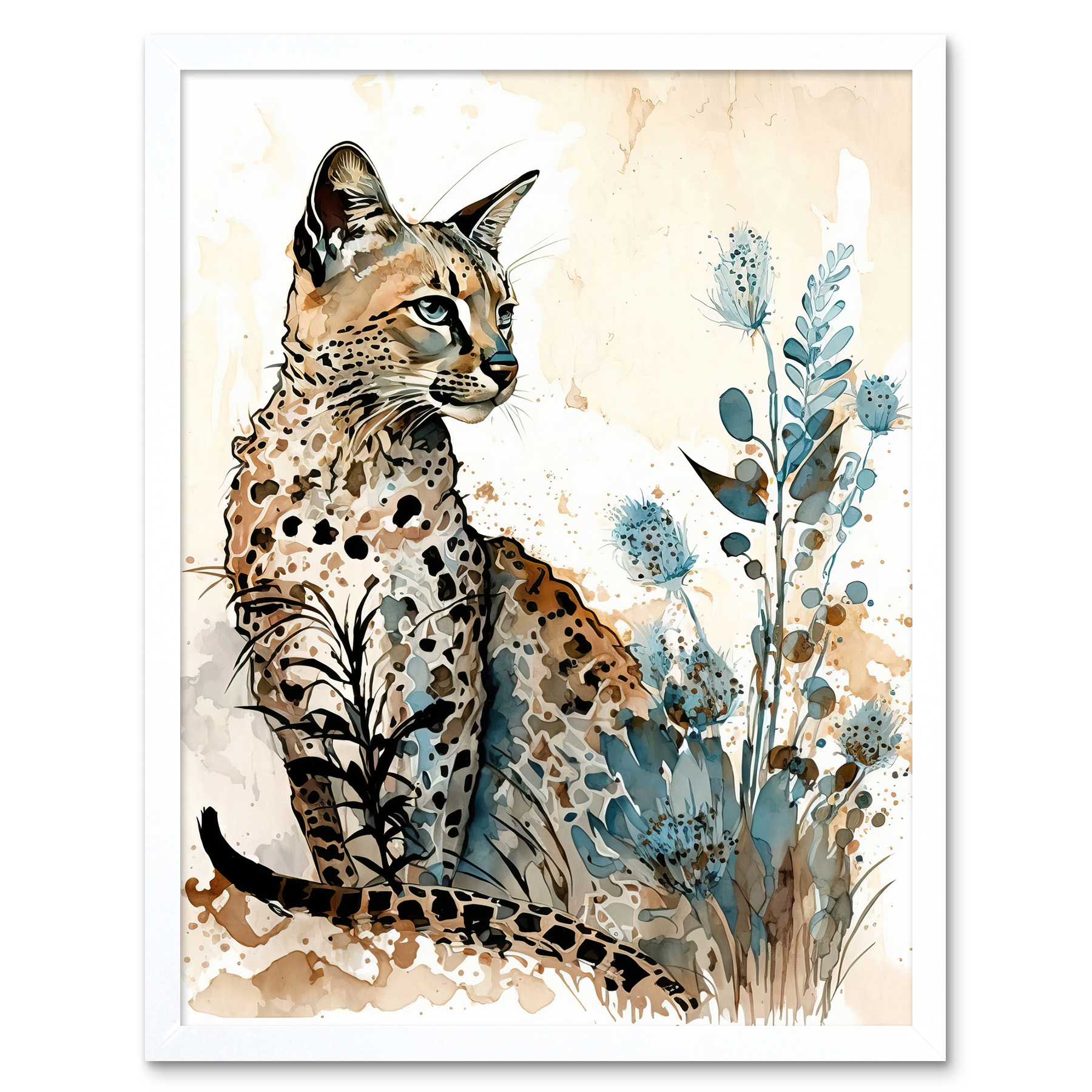 Savannah Cat and Wildflowers Watercolour Framed Wall Art Picture Print 12x16