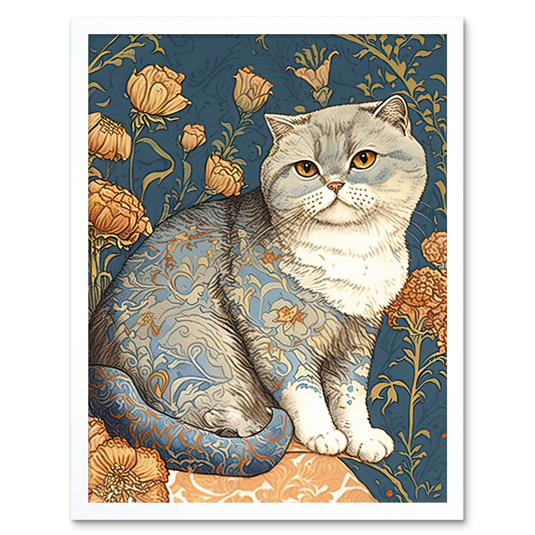 Cute Cat Floral Pattern Fur Flower Blooms Framed Wall Art Picture Print 12x16