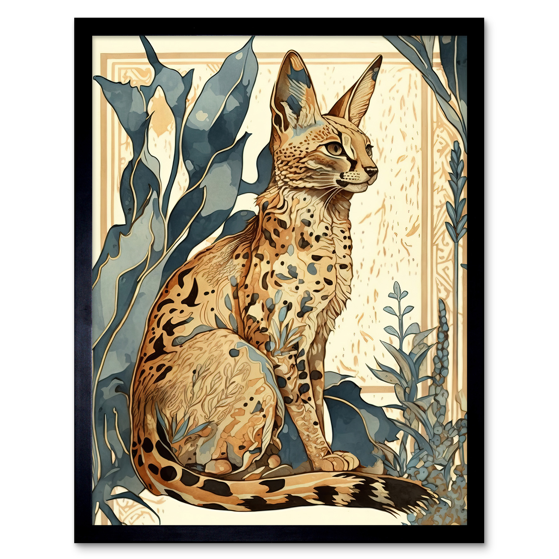 Serval Cat with Plants Modern Watercolour Framed Wall Art Picture Print 12x16