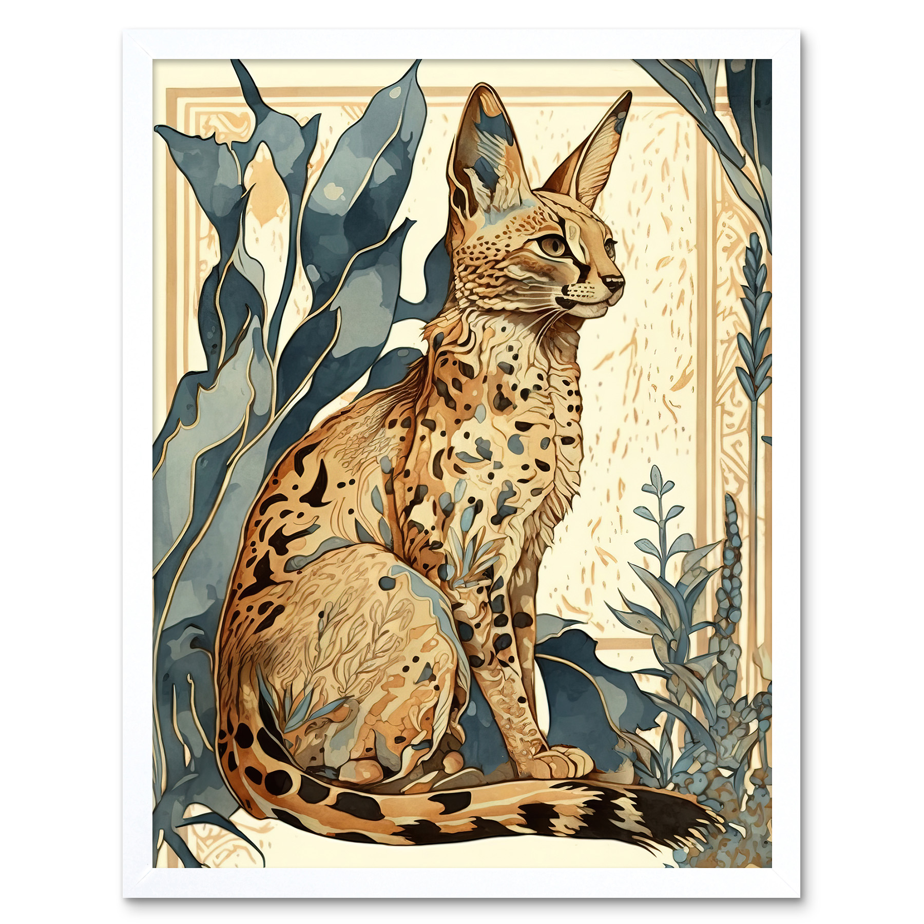 Serval Cat with Plants Modern Watercolour Framed Wall Art Picture Print 12x16