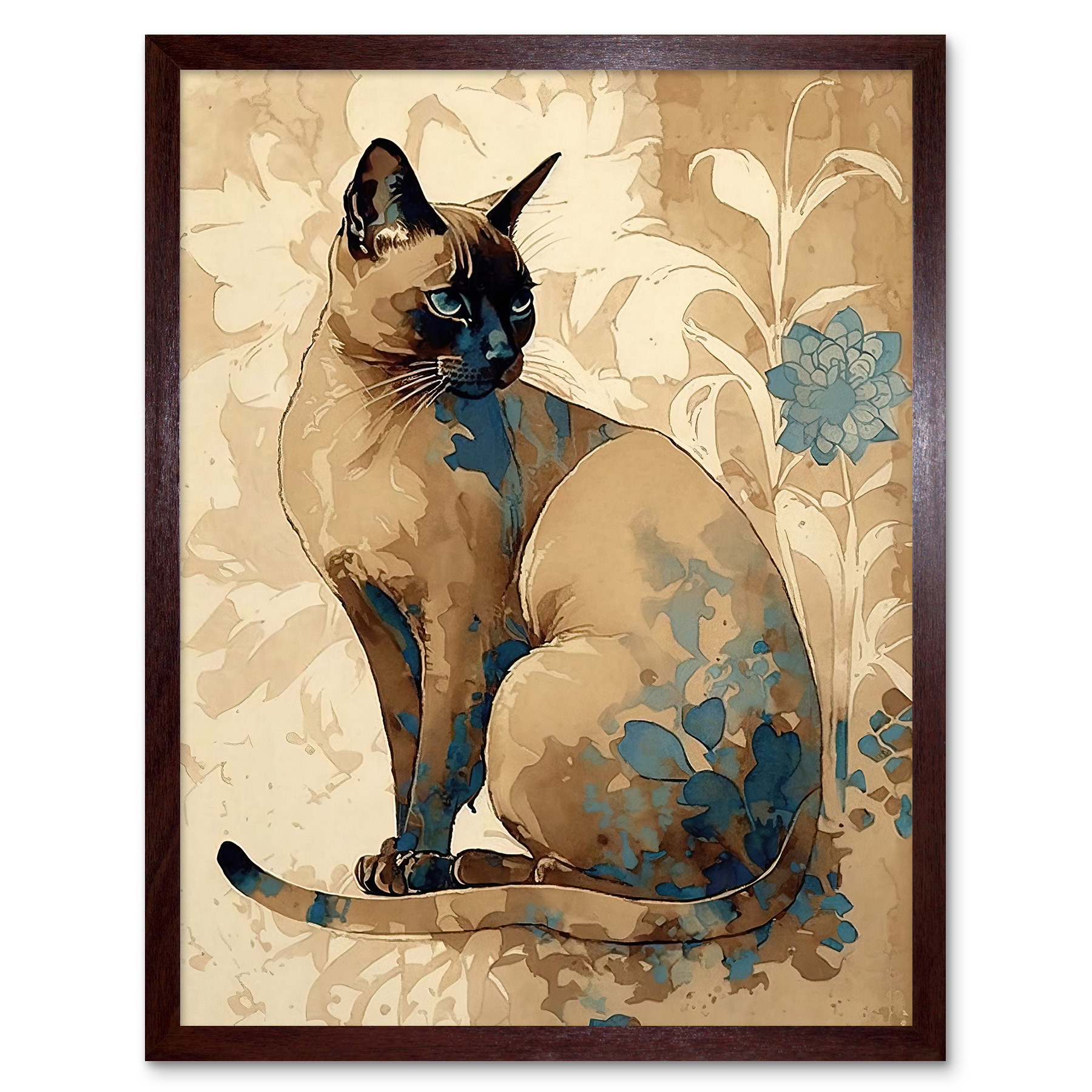 Tonkinese Cat Flowers Modern Watercolour Framed Wall Art Picture Print 12x16