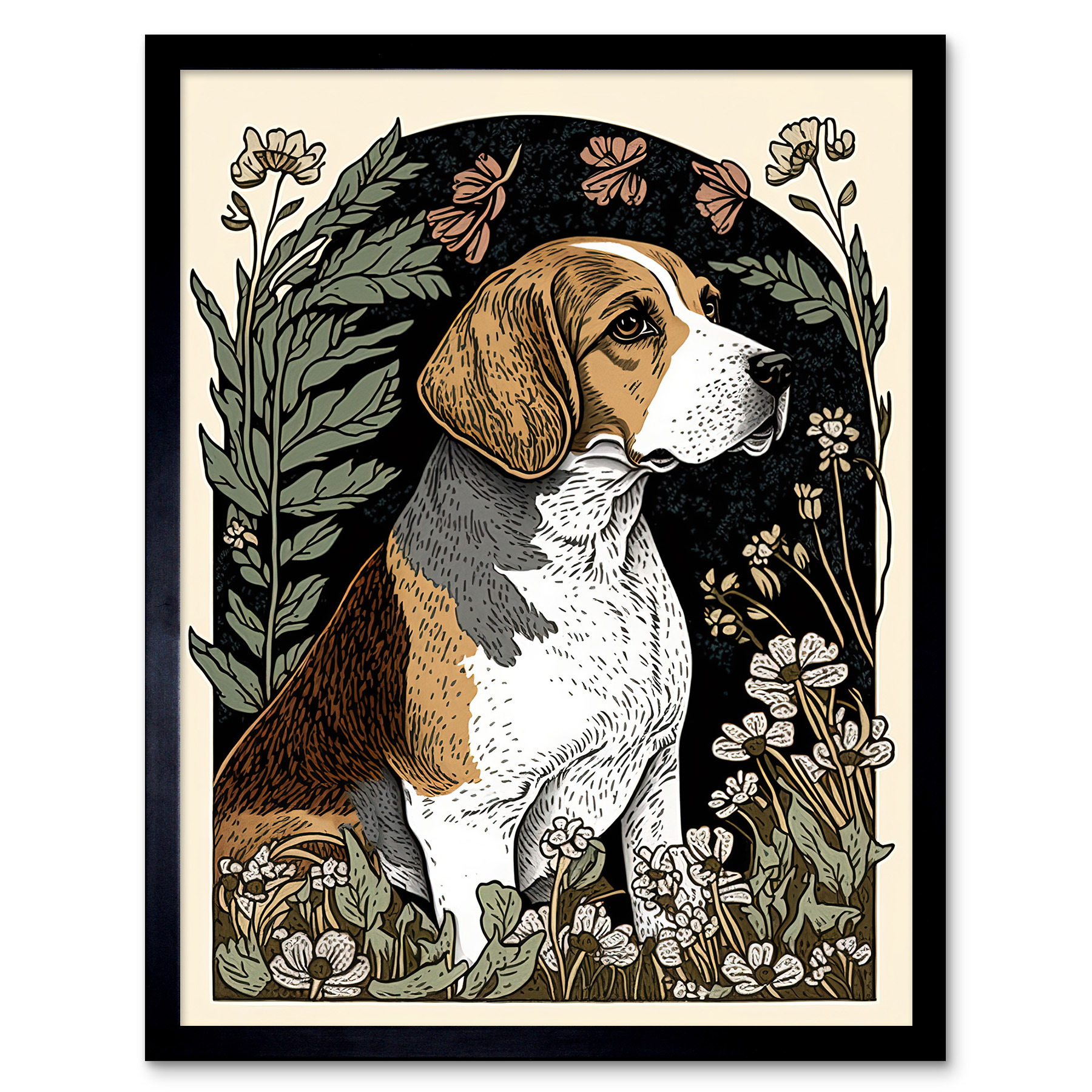 Beagle Dog with Daisies Modern Illustration Framed Wall Art Picture Print 12x16