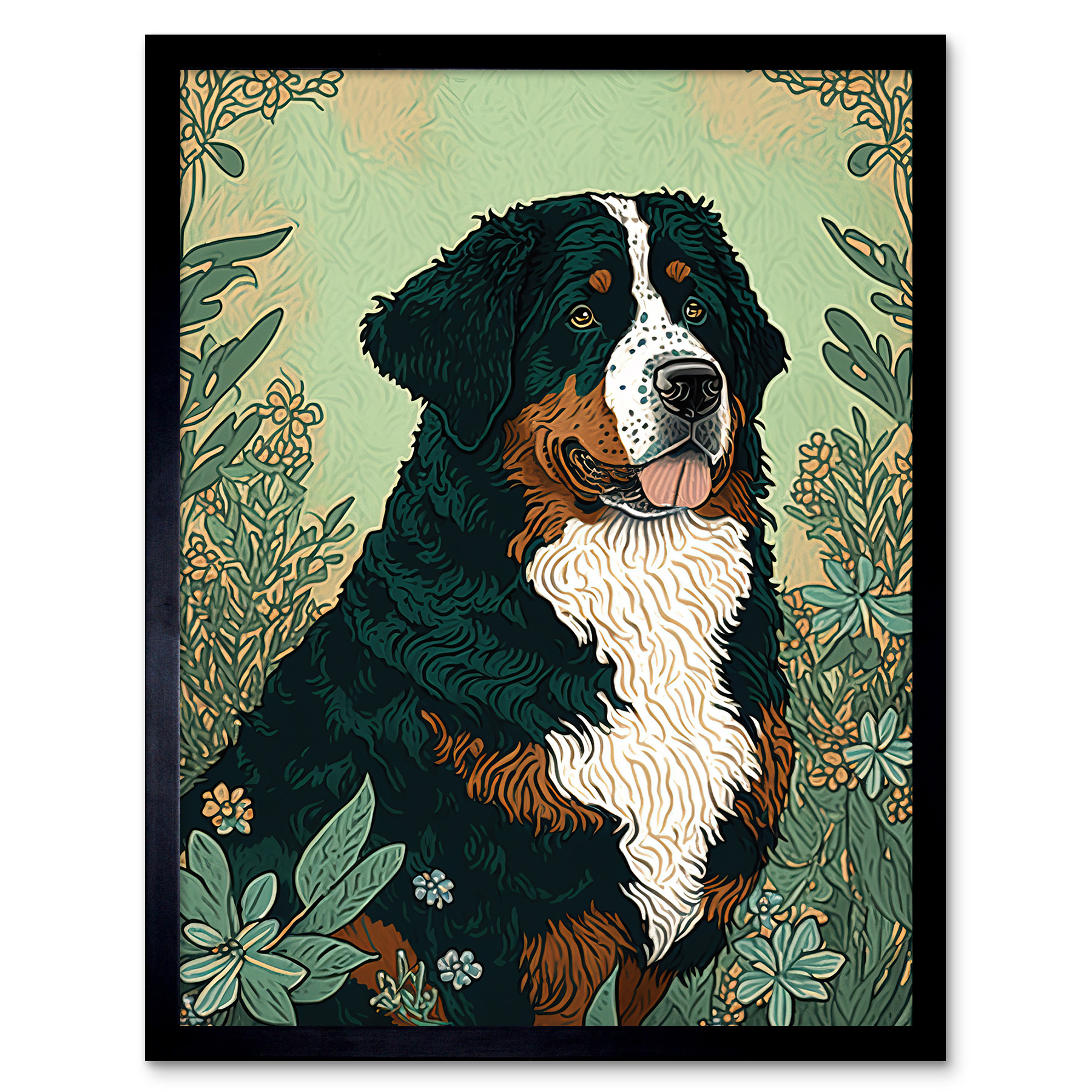 Bernese Mountain Dog in Wildflowers Modern Framed Wall Art Picture Print 12x16
