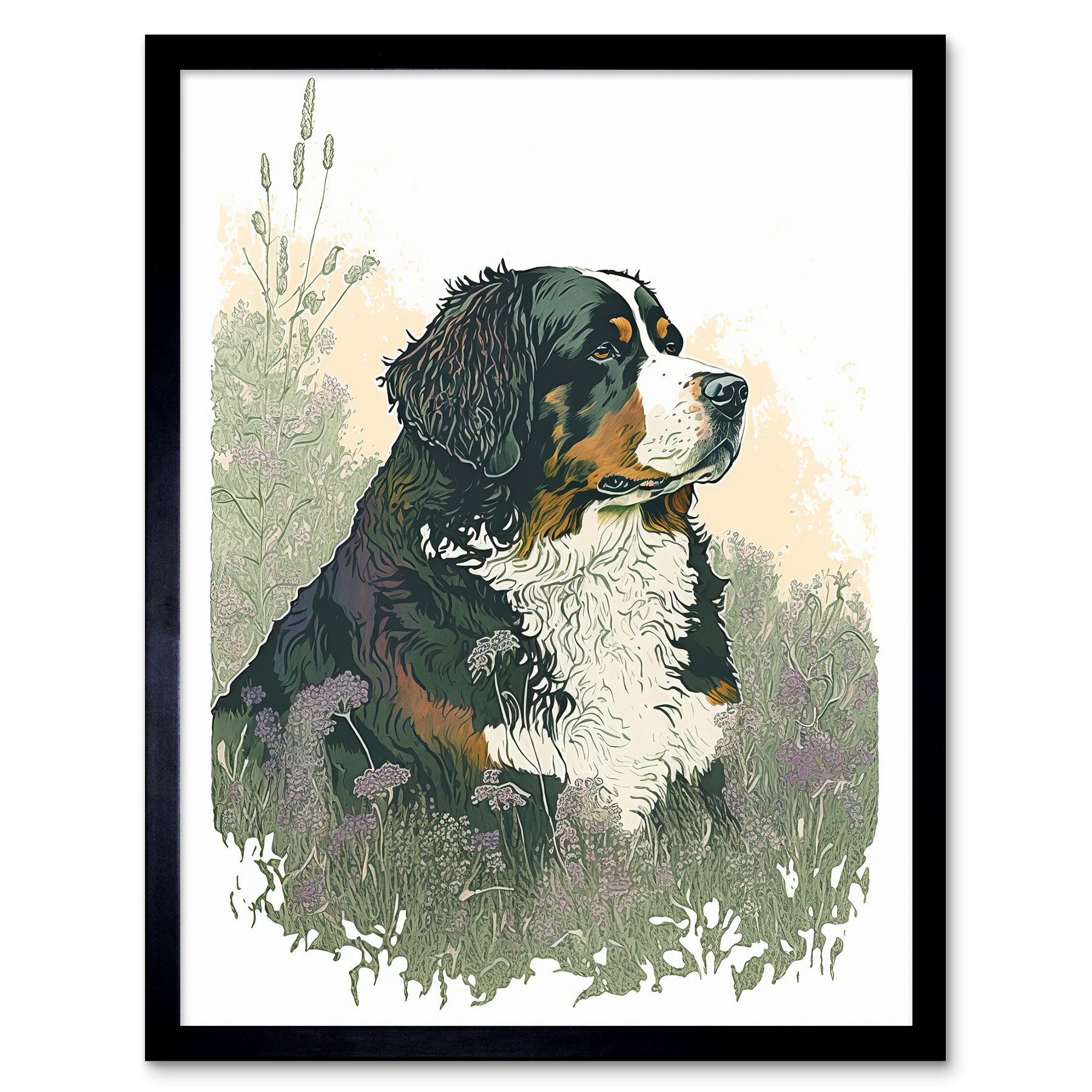 Bernese Mountain Dog in Wildflower Field Framed Wall Art Picture Print 12x16
