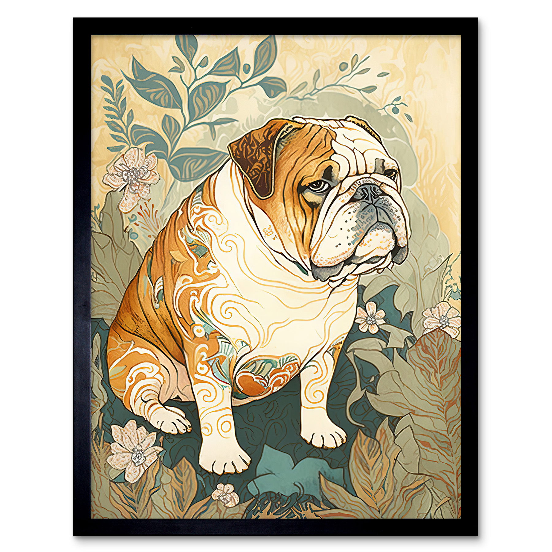 Bulldog Ornate Pattern Fur in Flower Field Framed Wall Art Picture Print 12x16