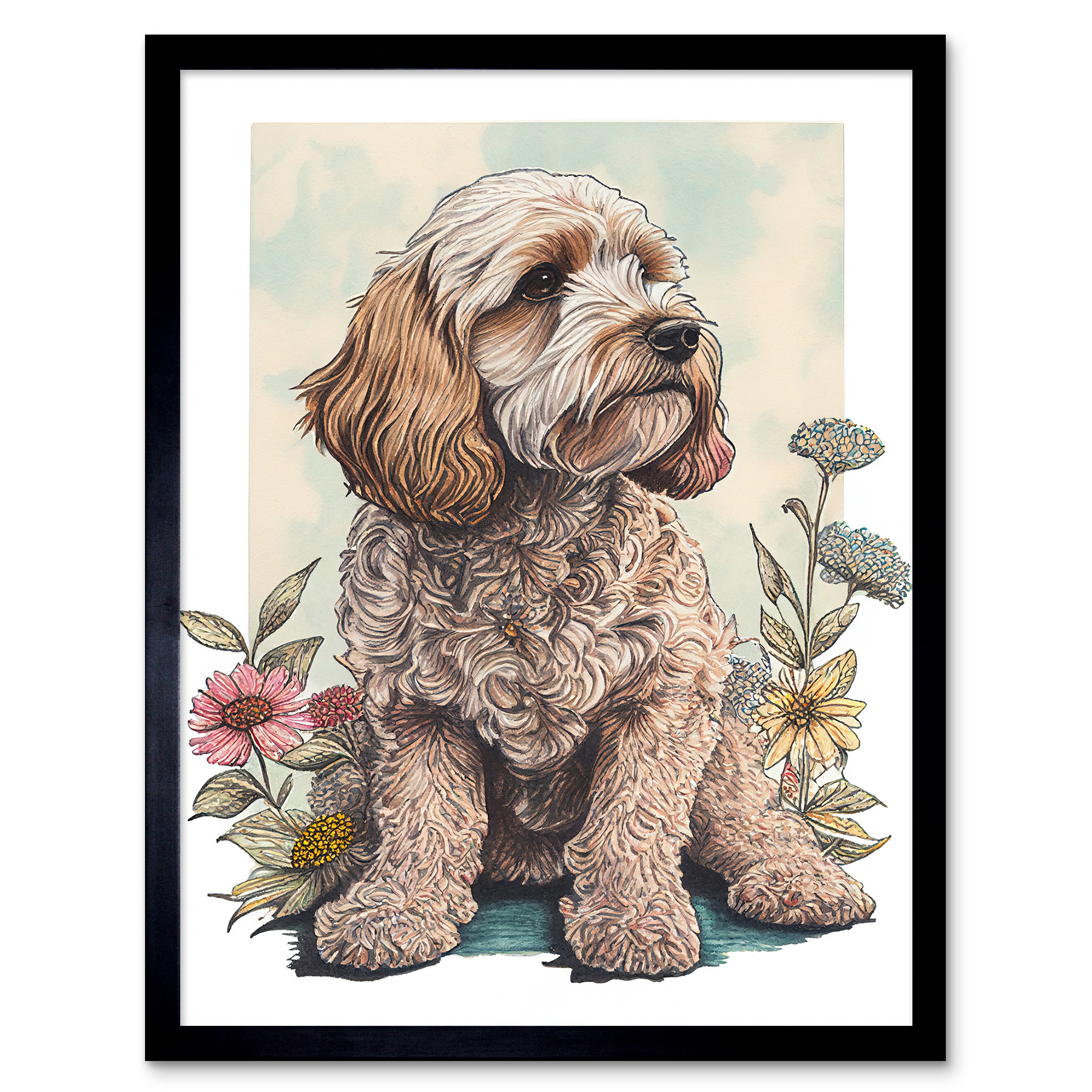 Cockapoo Dog Spring Wildflowers Watercolour Framed Wall Art Picture Print 12x16