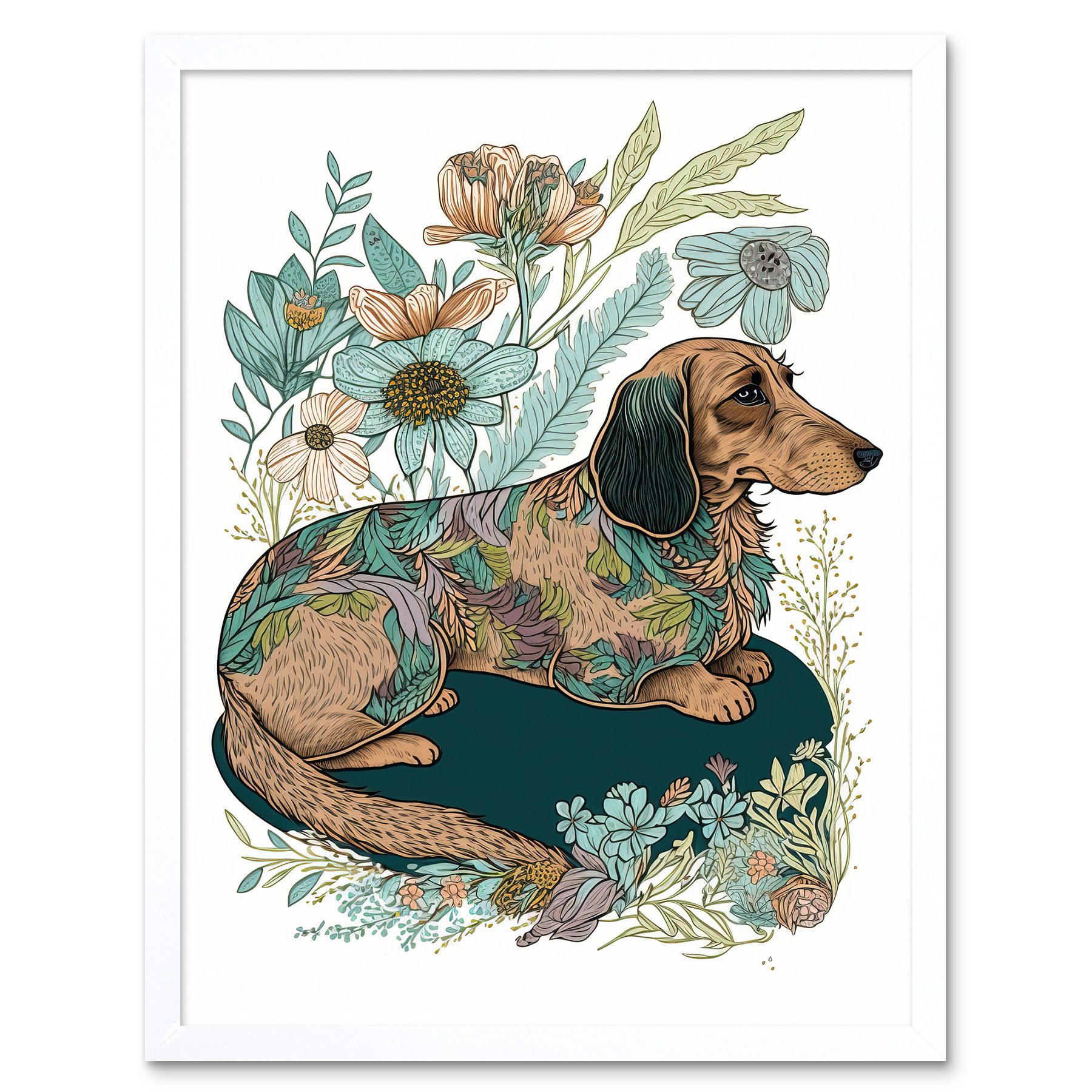 Multicoloured Dachshund Dog Spring Flowers Framed Wall Art Picture Print 12x16