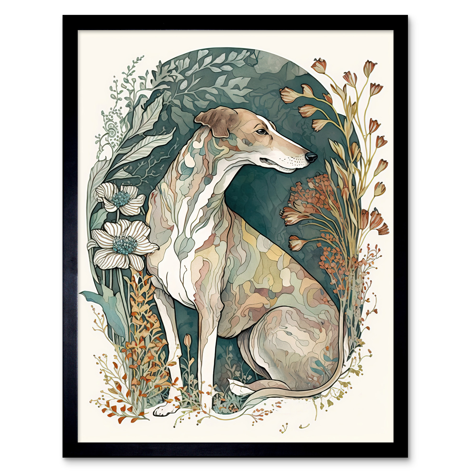 Greyhound Dog Flower Field Boho Watercolour Framed Wall Art Picture Print 12x16