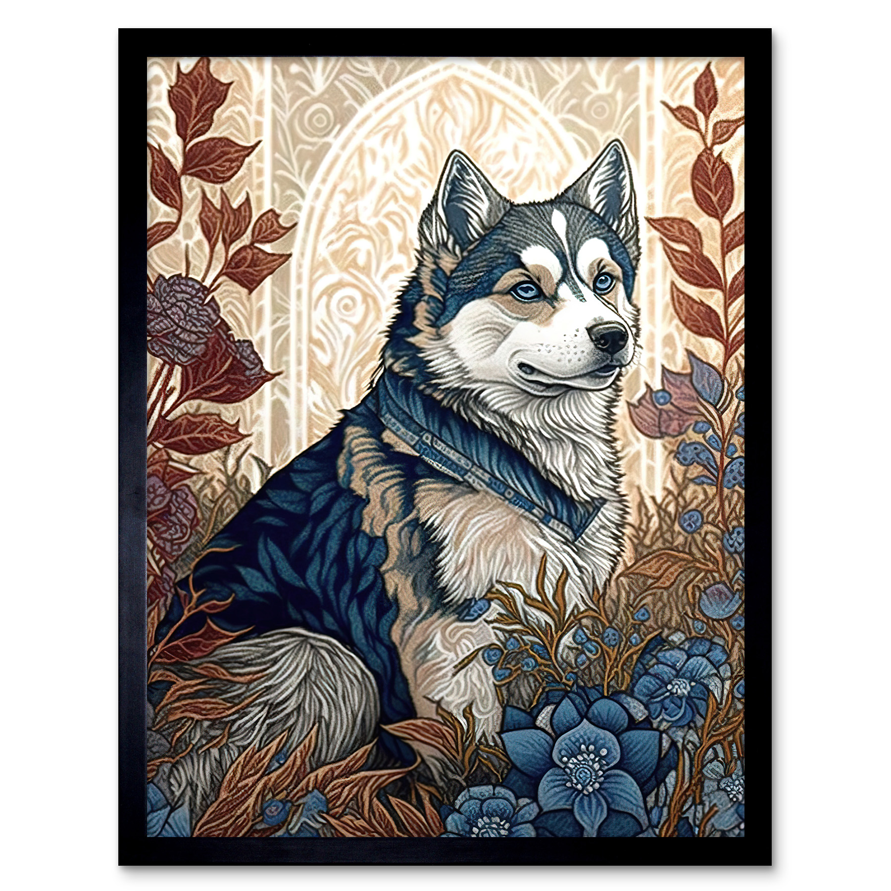 Siberian Husky Dog Autumn Flower Field Framed Wall Art Picture Print 12x16
