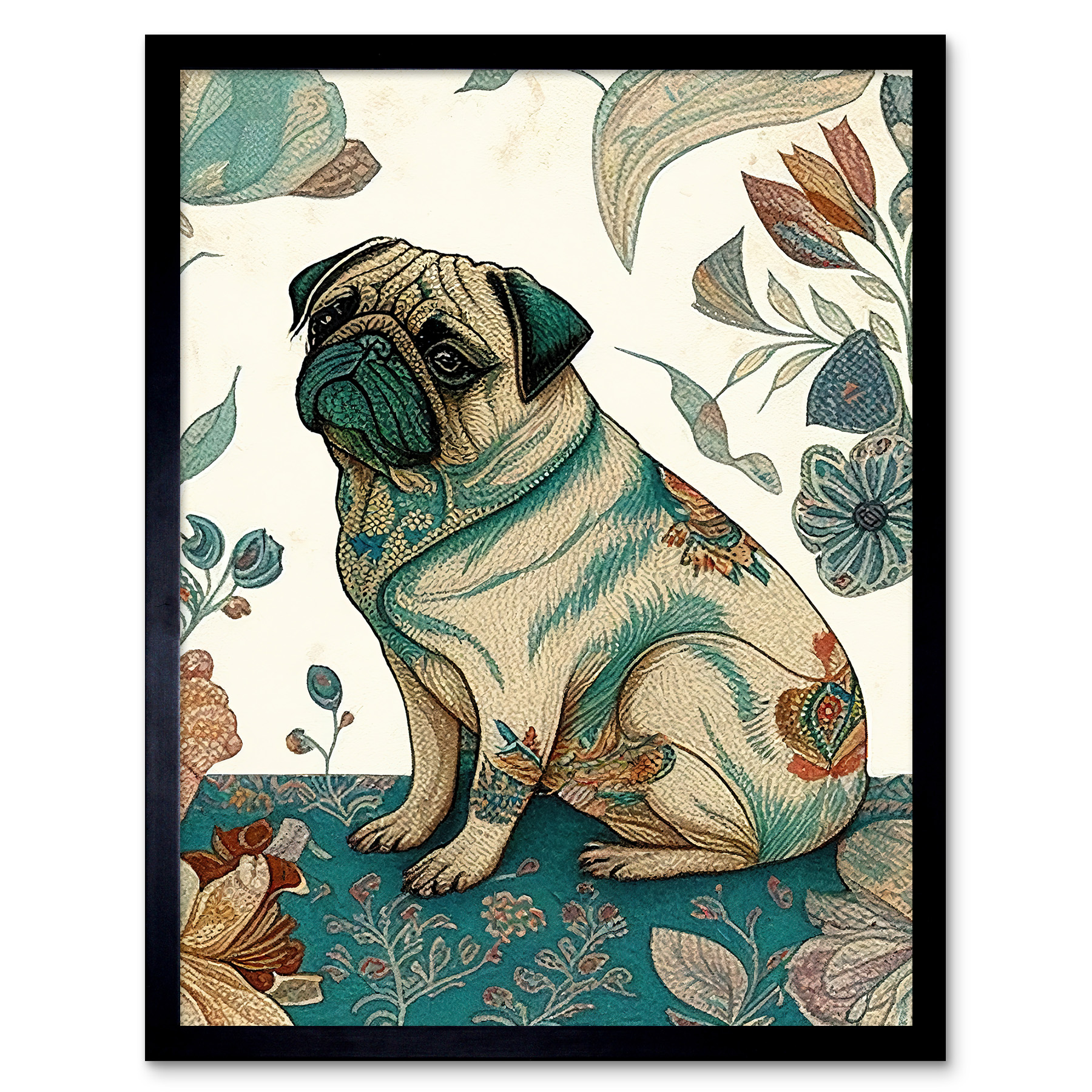 Pug Dog Floral Patterns Vintage Linocut Framed Wall Art Picture Print 12x16
