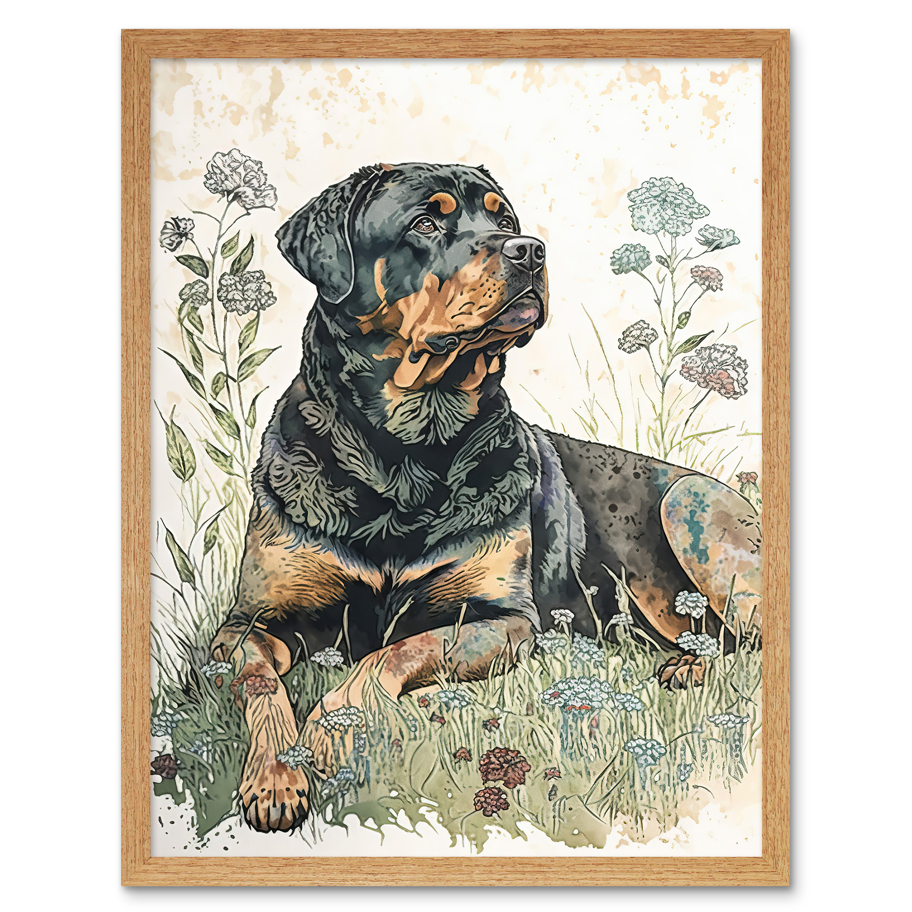 Rottweiler Dog Wildflowers Watercolour Framed Wall Art Picture Print 12x16