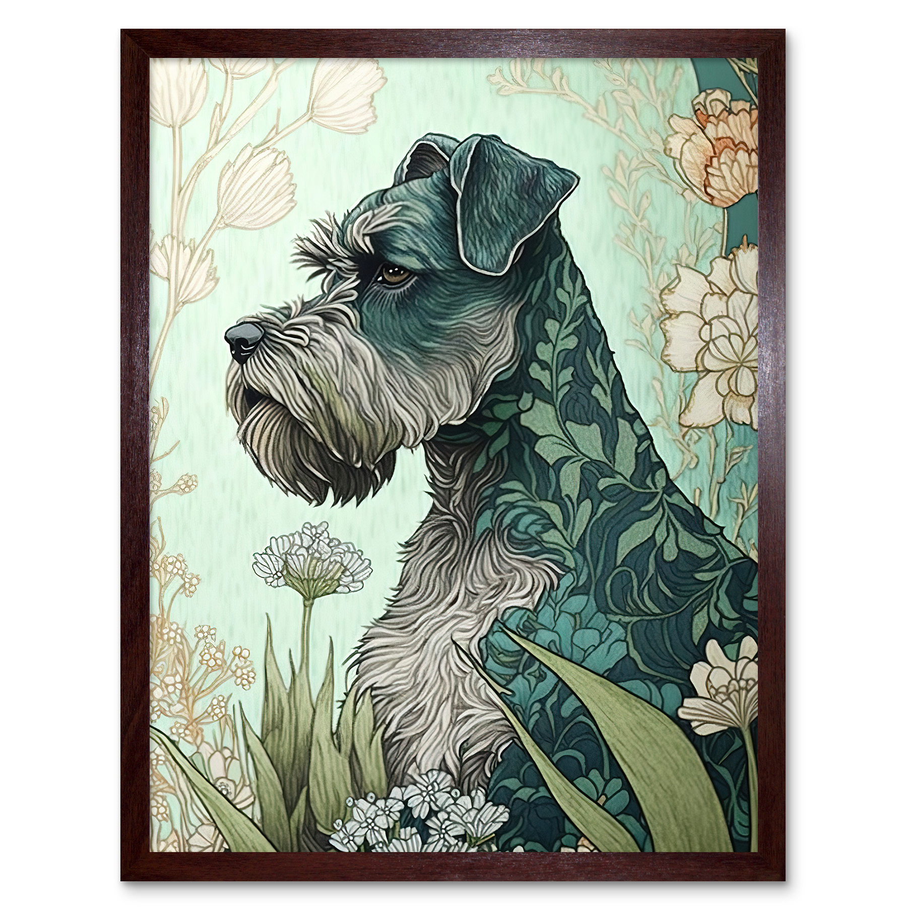 Grey Schnauzer Dog Floral Pattern Flowers Framed Wall Art Picture Print 12x16