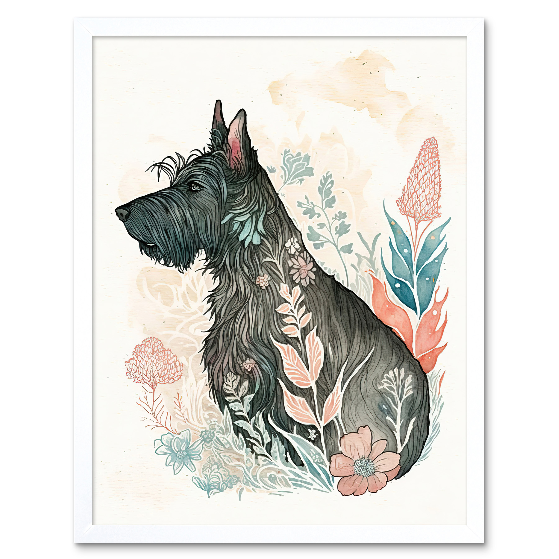 Scottish Terrier Dog Flower Field Modern Framed Wall Art Picture Print 12x16