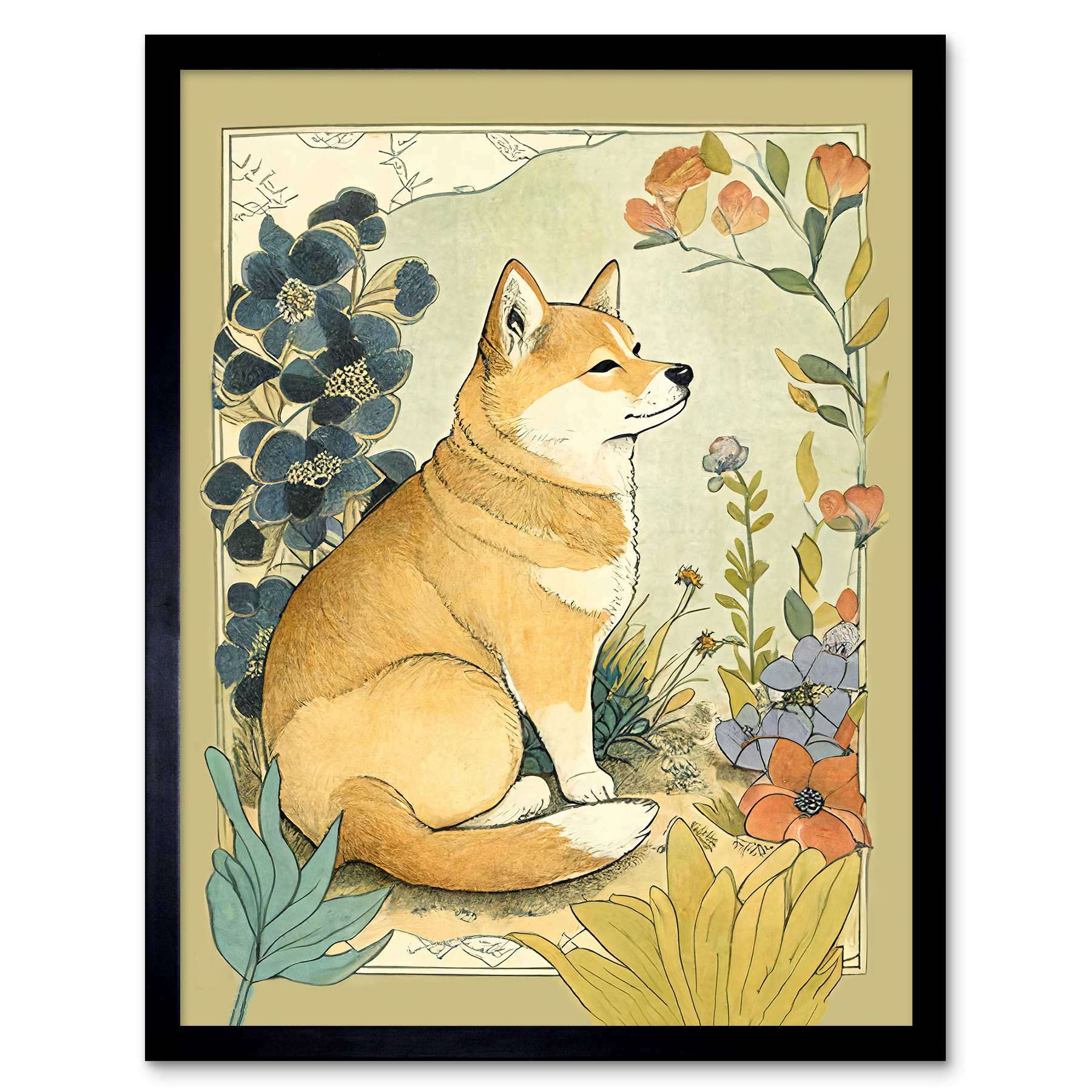 Shiba Inu Dog Flower Field Watercolour Framed Wall Art Picture Print 12x16