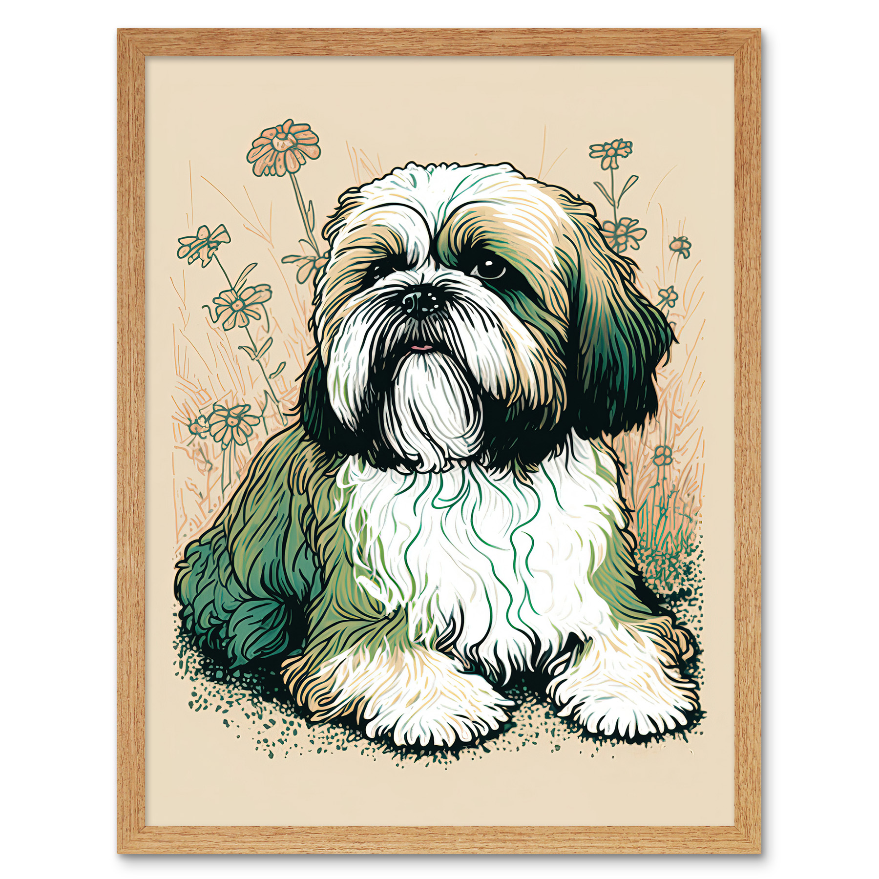 Shih Tzu Dog Daisies Multicoloured Linocut Framed Wall Art Picture Print 12x16