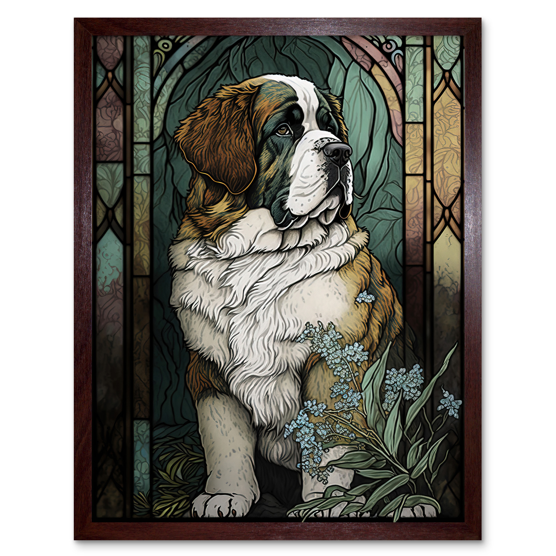 St Bernard Dog Flowers Modern Art Nouveau Framed Wall Art Picture