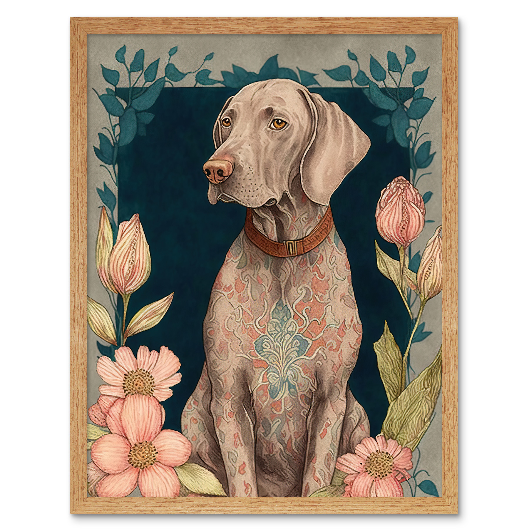Grey Weimaraner Dog Pattern Fur Flowers Framed Wall Art Picture Print 12x16