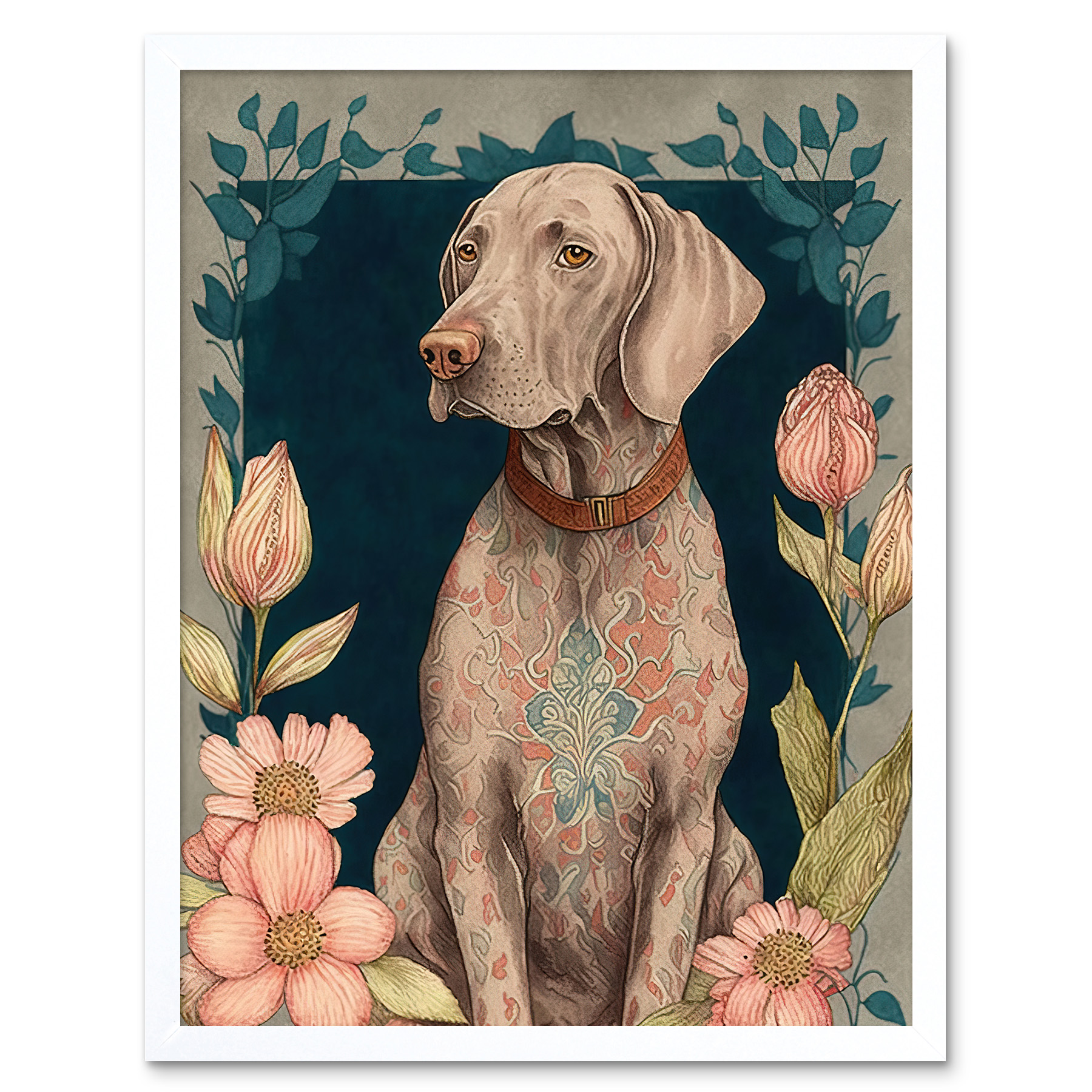 Grey Weimaraner Dog Pattern Fur Flowers Framed Wall Art Picture Print 12x16